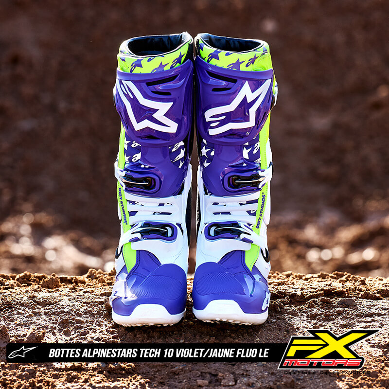 bottes alpinestars tech 10 violet jaune fluo 2025 dirt studios