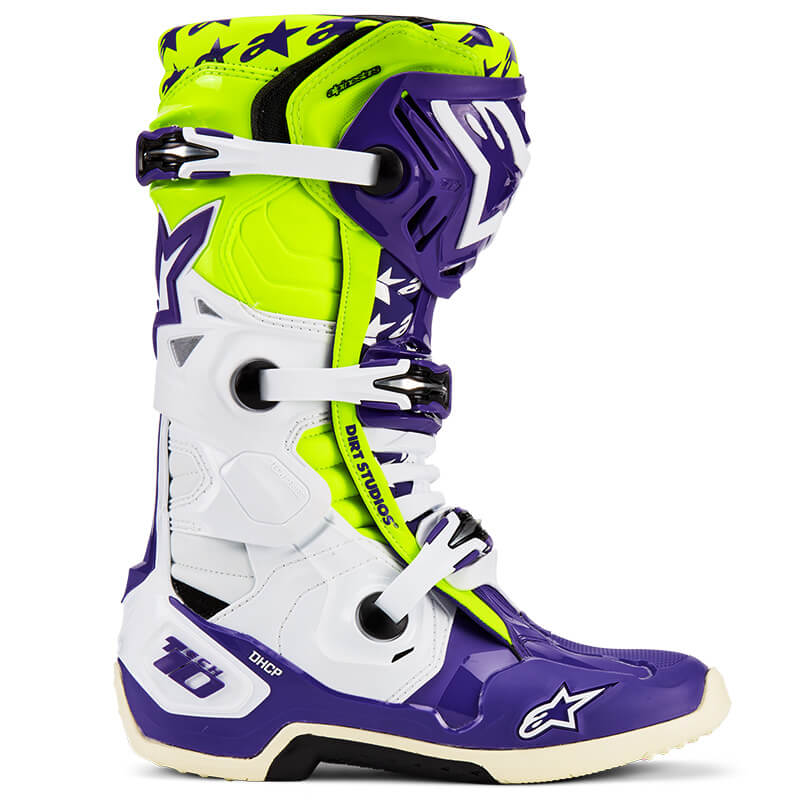 bottes alpinestars tech 10 violet jaune fluo 2025 motocross