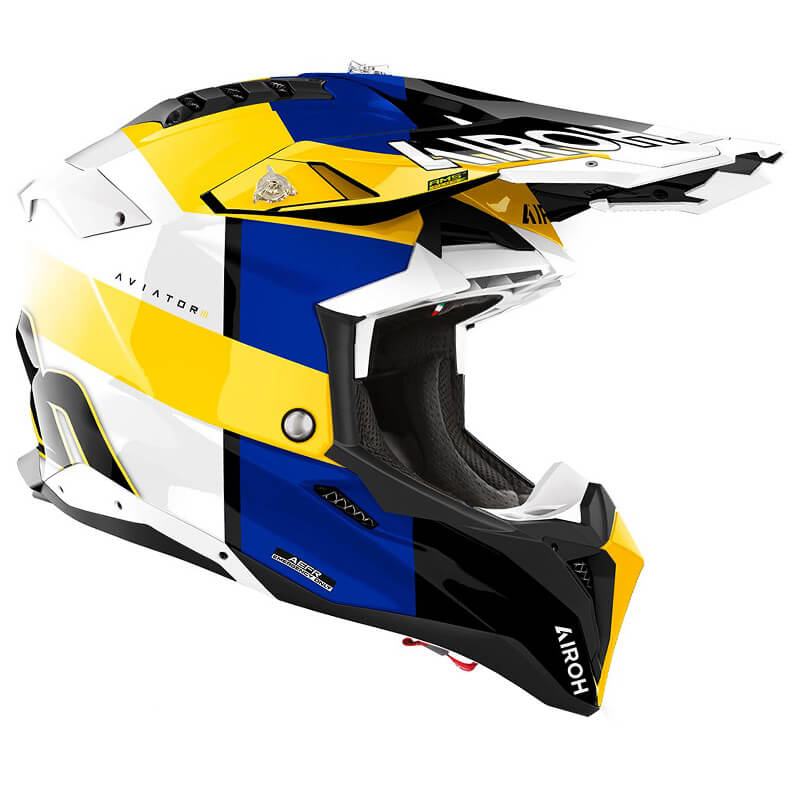 casque airoh aviator 3 monarch bleu jaune blanc 2025 cross