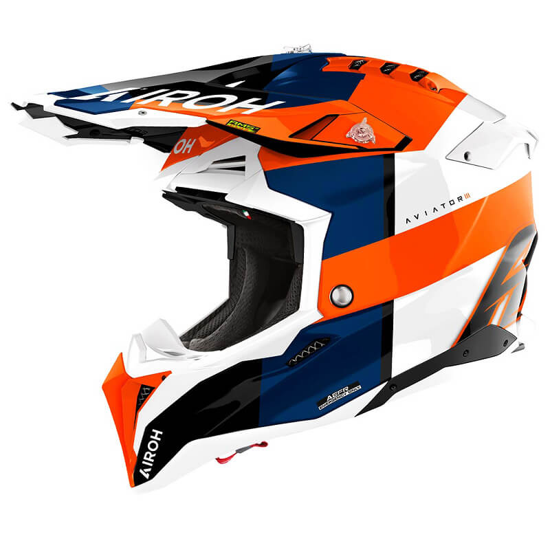 casque airoh aviator 3 monarch orange bleu blanc 2025