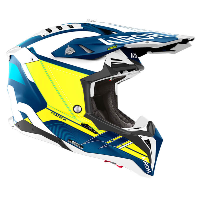 casque airoh aviator 3 saber 2024 jaune fluo bleu cross