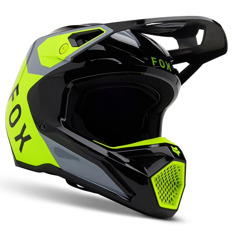 casque enfant fox racing v1 lean jaune fluo gris 2025 cross