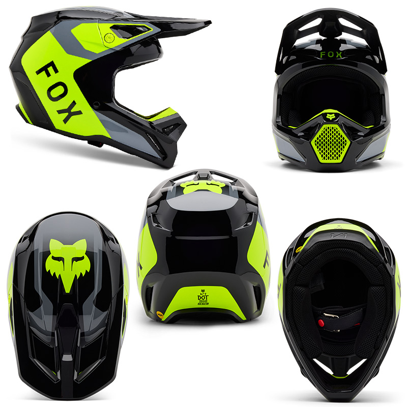 casque enfant fox racing v1 lean jaune fluo gris 2025 motocross