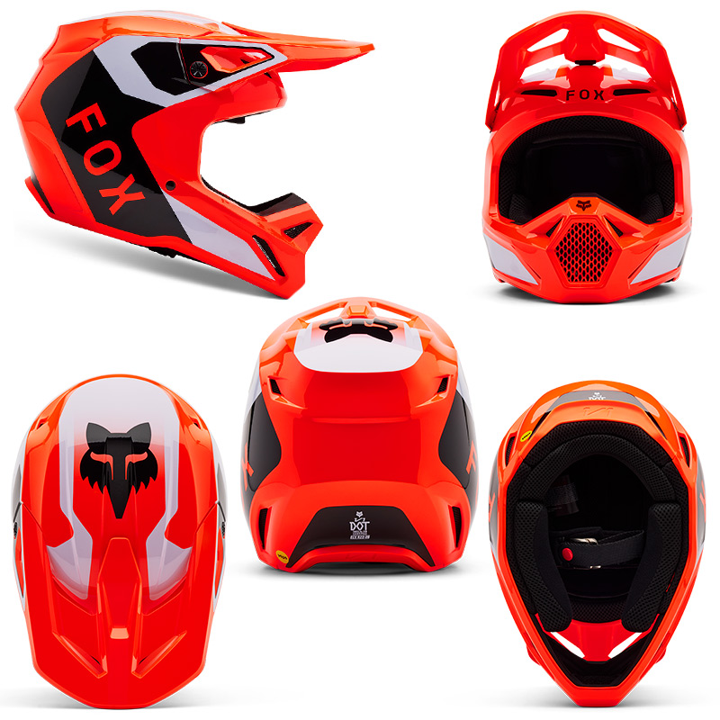 casque enfant fox racing v1 lean orange fluo 2025 motocross