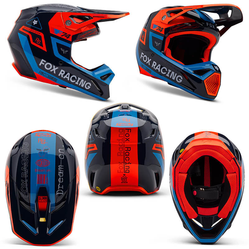 casque fox racing v1 race spec orange bleu 2025 cross