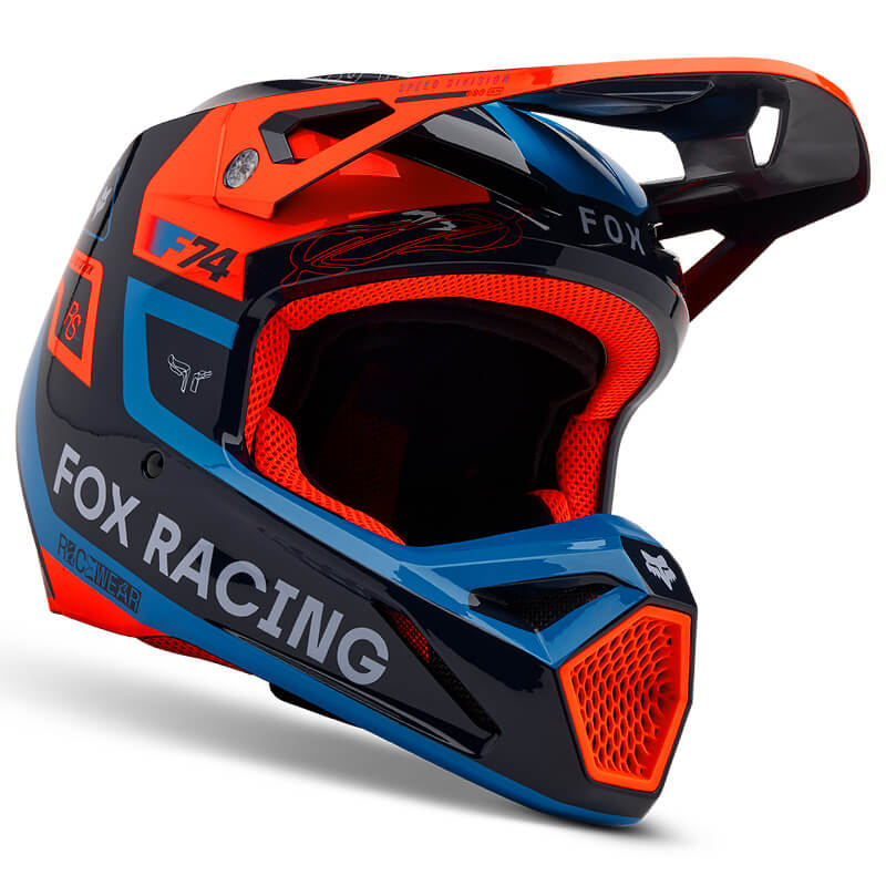 casque fox racing v1 race spec orange bleu 2025 motocross