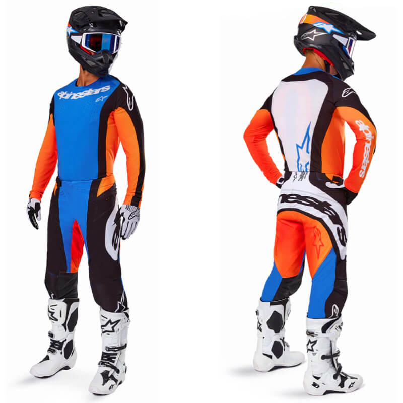 tenue alpinestars techstar melt bleu orange 2025 cross mx