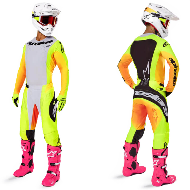 tenue alpinestars techstar melt gris jaune fluo 2025 motocross