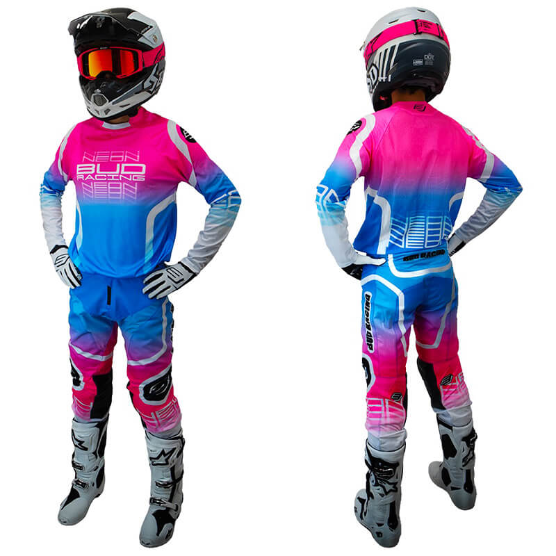 tenue enfant bud racing neon rose bleu 2025